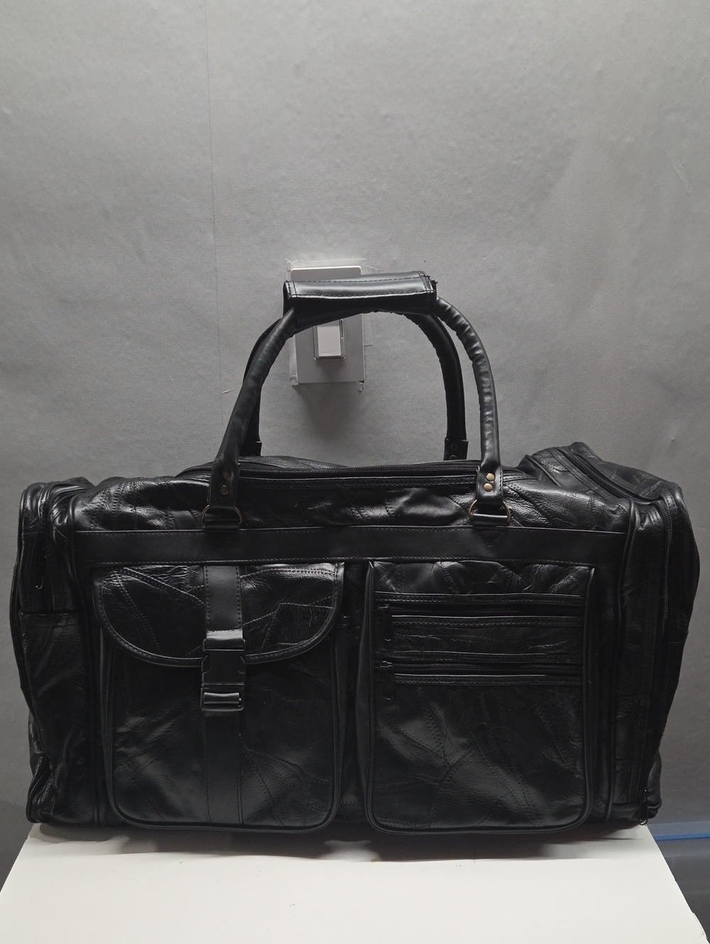 Black Leather Duffel Bag with Front Pockets - Unbranded